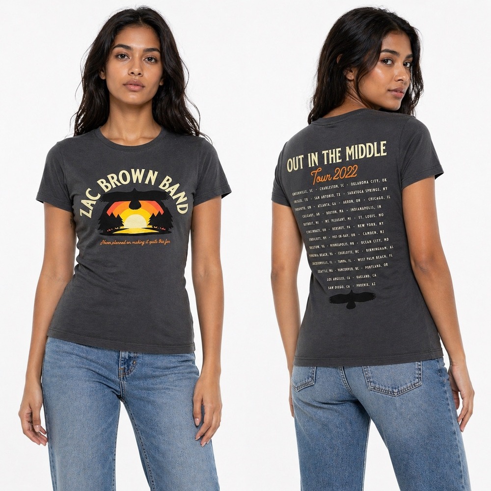 Zac Brown Band Women‎ T-Shirt Charcoal Small 2022 Tour Graphic Country Concert